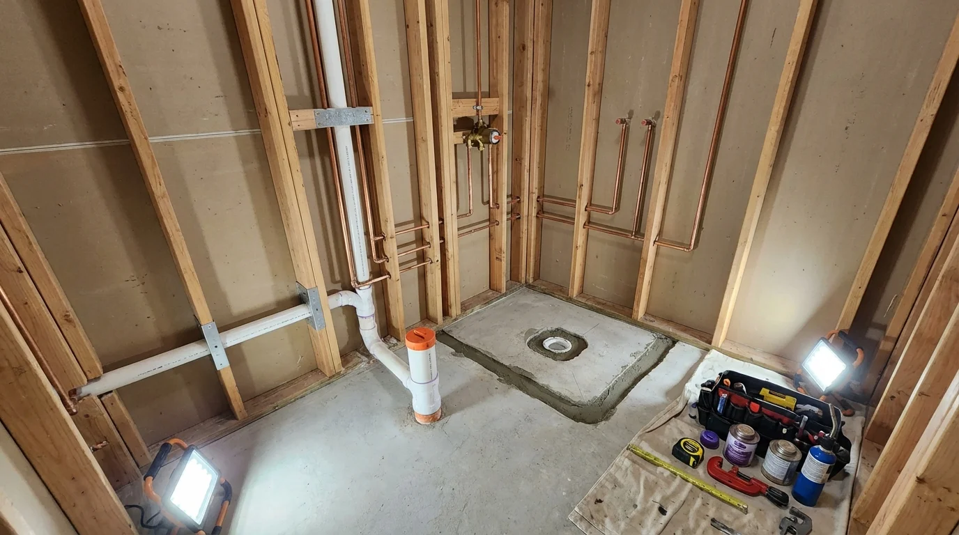 Bathroom rough-in plumbing during remodel by Johns Plumbing LLC in Bedford