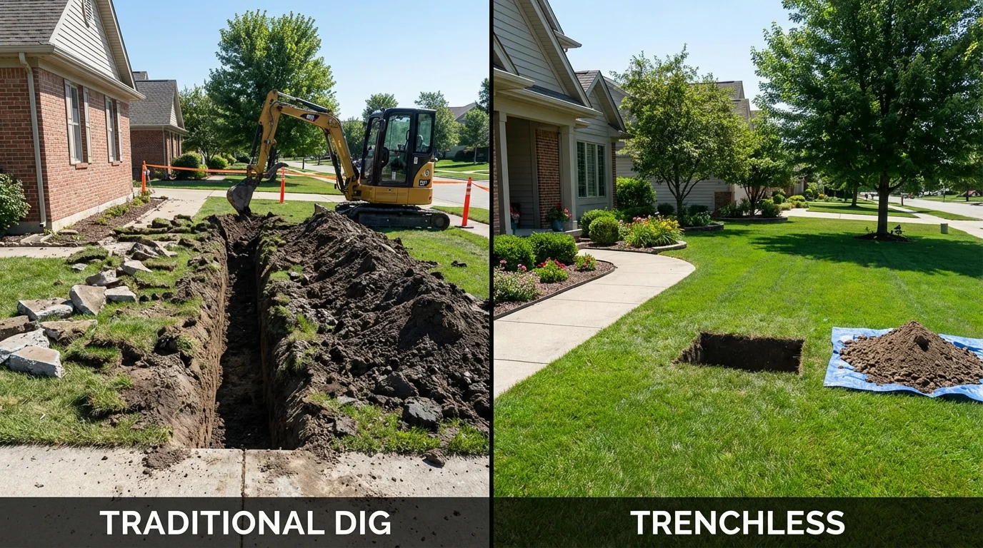 Trenchless sewer repair with minimal yard damage versus traditional excavation in Bedford, KY