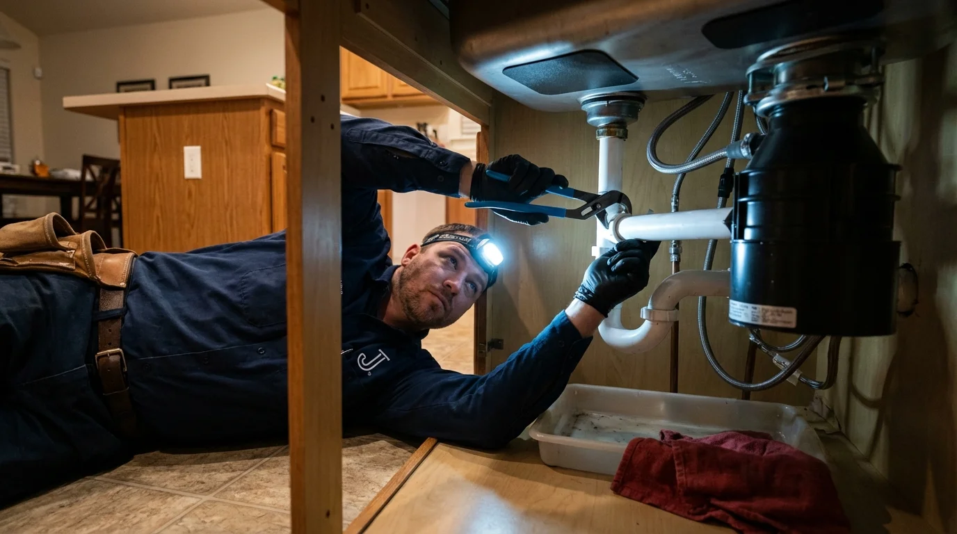 P-trap and supply line connections under a kitchen sink showing a common leak point in Bedford, KY